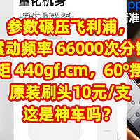 参数碾压飞利浦，震动频率 66000次分钟，扭矩 440gf.cm，60°摆幅，原装刷头10元/支，这是神车吗？