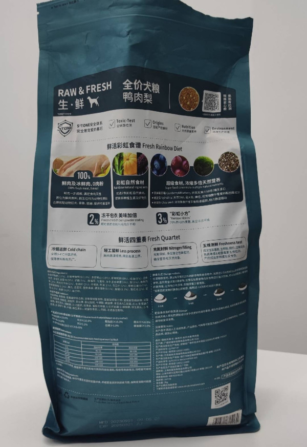 狗粮的主要肉原料,包装上也自然印着鸭子,直接又简单明了;背面印的则