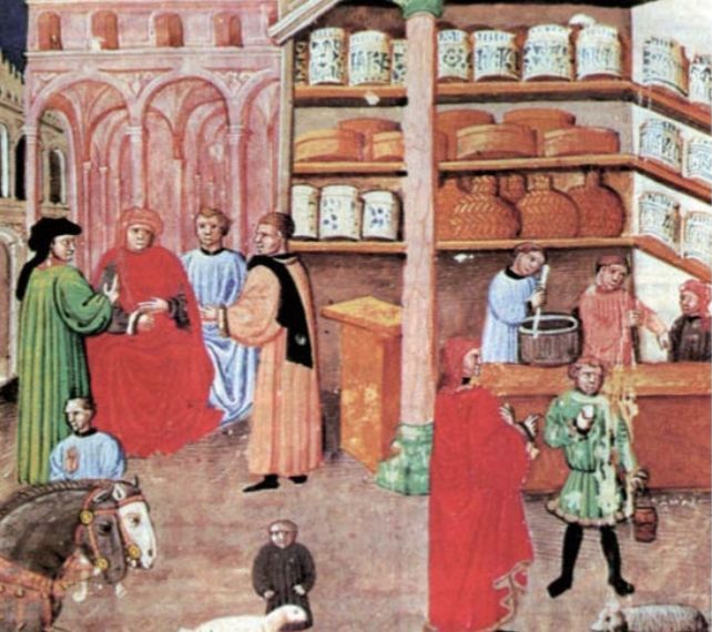 中世纪欧洲的药商店铺，专营东方传入的胡椒、丁香、肉桂等香料及染料。