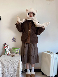 2023新款小熊耳朵毛绒帽子围巾一体女冬季骑行加厚保暖护耳三件套