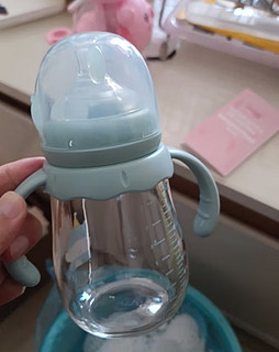 小土豆（potato）萌熊玻璃奶瓶新生婴儿防胀气宝宝吸管奶瓶宽口径防摔 妃桃粉 240mL