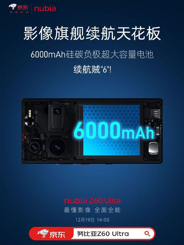 努比亚今日宣布 Z60 Ultra 手机搭载 6000mAh 硅碳负极电池，号称“影像旗舰的续航天花板”。