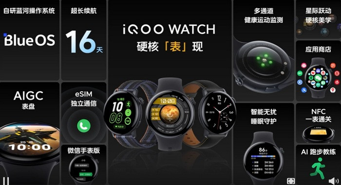 iQOO Watch 智能手表发布、eSIM 独立通信、蓝河系统、AIGC自动生成表盘、血氧监测