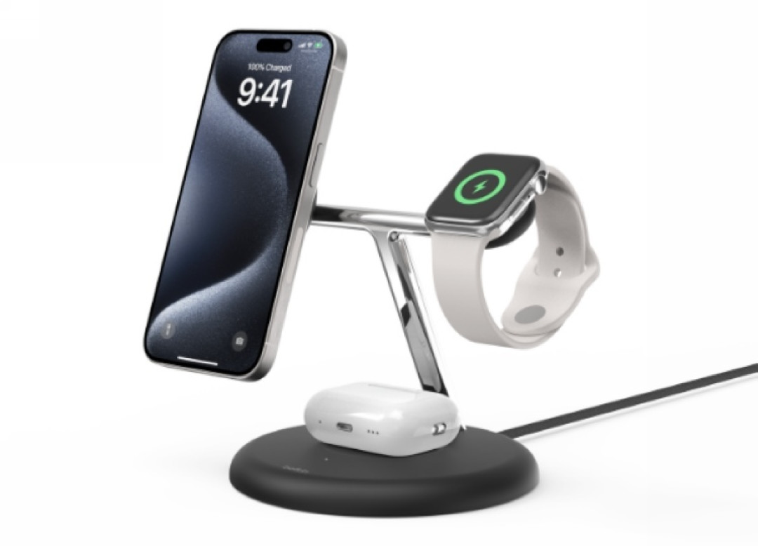 聚焦CES丨贝尔金发布 BoostCharge Pro三合一磁吸充电支架,iPhone/Watch/AirPod 同时充,支持Qi 2