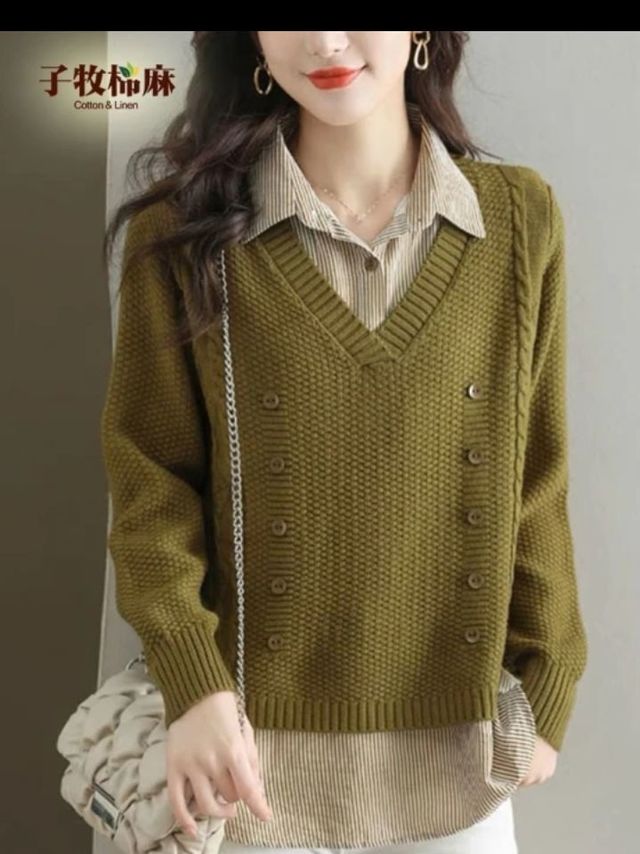 子牧棉麻2023秋装 女韩版百搭衬衣领假两件针织衫条纹翻领上衣1562 绿色 均码(建议90-145斤)