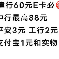 速撸：建行60元E卡必🉐，中行最高88元，平安3元，工行2元 支付宝1元和实物