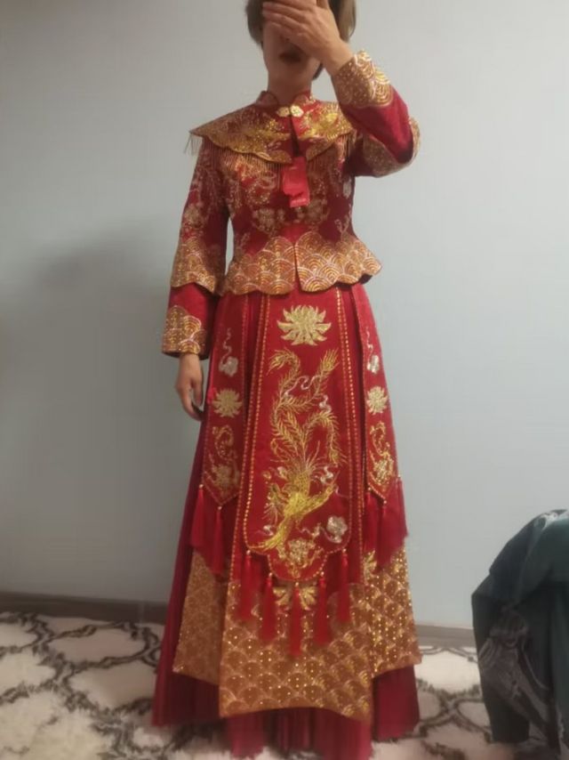 龍曼尼仕秀禾服新娘2023新款婚纱中式嫁衣结婚礼服小个子情侣装古装婚礼服 311披肩无钻款（仅女装） XL