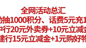 全网活动总汇，移动抽1000积分、话费5元充10元、中行20元外卖券+10元立减金、建行15元立减金+1元购好物