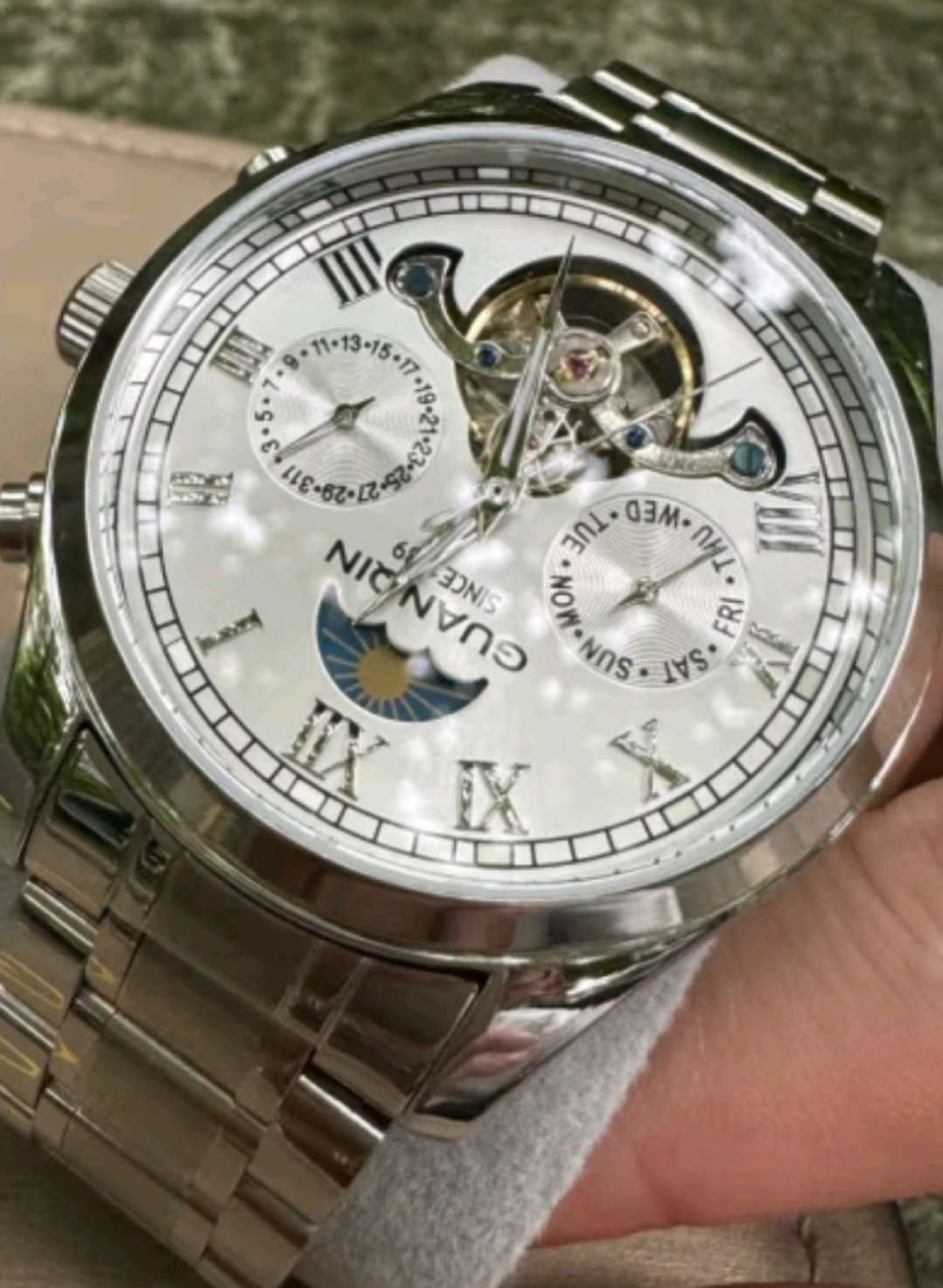 冠琴(guanqin)手表男机械表全自动镂空飞轮瑞士品质防水夜光皮带男士