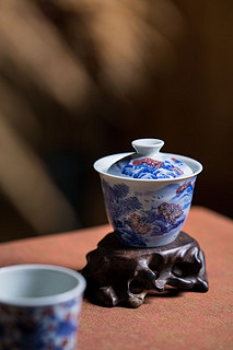 青花釉里红山水盖碗，自制茶空间茶具配置！