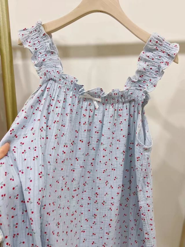 A类樱桃碎花吊带睡裙女甜美可爱夏季薄款少女棉纱睡衣纯棉家居服