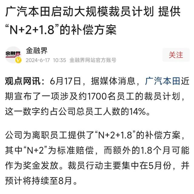 广汽本田裁员1700名员工，N+2+1.8赔偿。