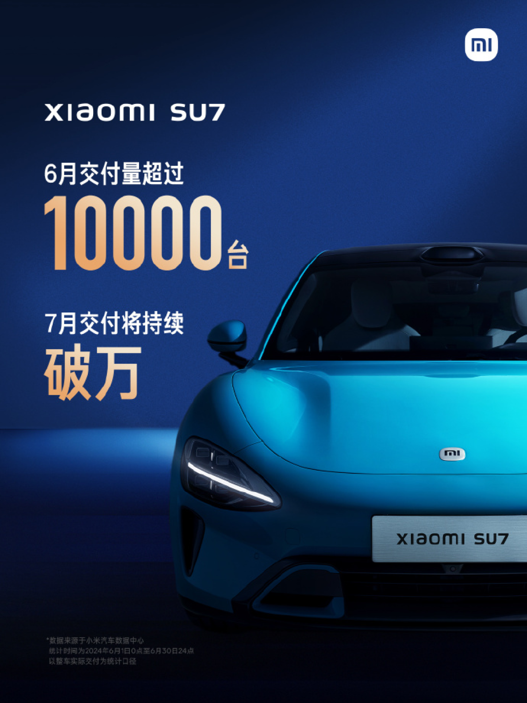 小米汽车6月新增17家门店，SU7交付量超10000台