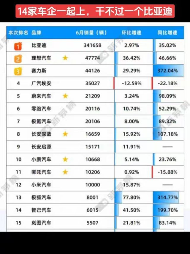 6月中国新能源汽车销量排行榜出炉，14家新能源车企一起上，都干不过一个比亚迪