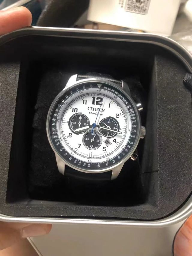 西铁城三眼计时防水光动能 黑白熊猫CA4500-32A