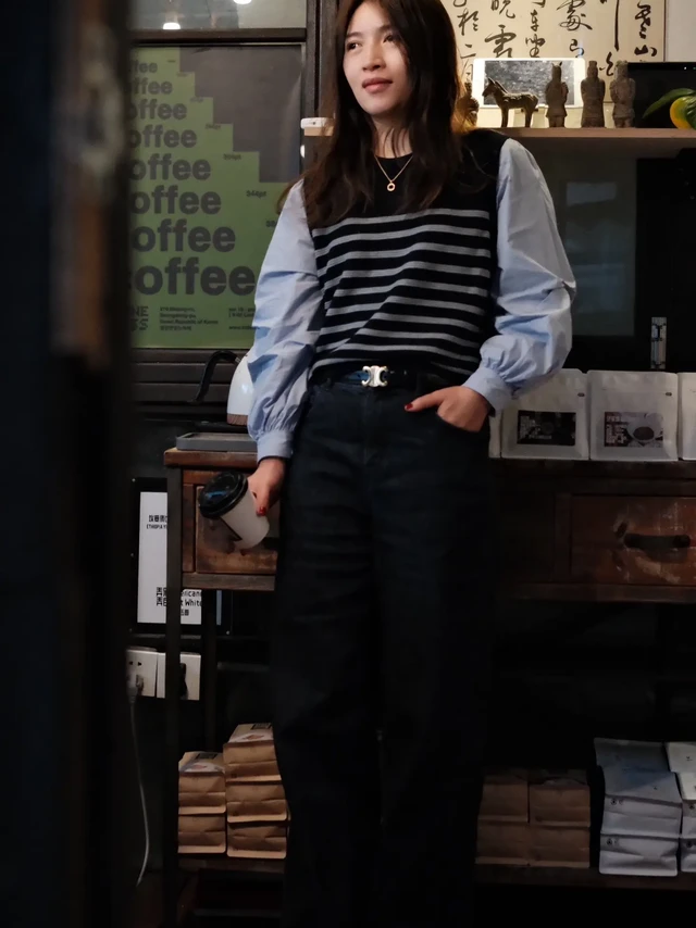 OOTD｜韩系假两件条纹拼接袖衬衫