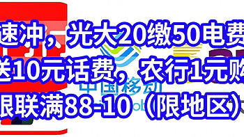 速冲，光大20缴50电费，移动送10元话费，农行1元购10元立减金，银联满88-10（限地区）