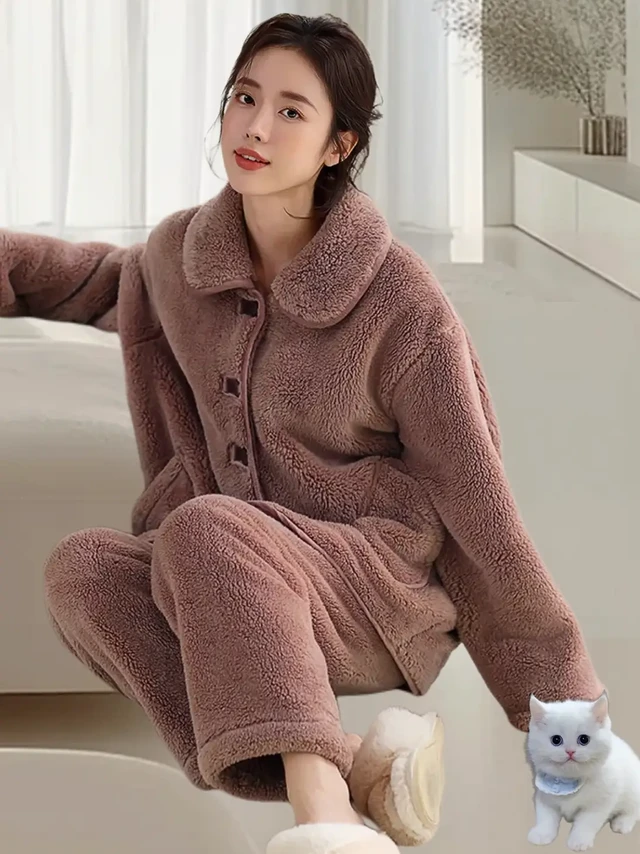 芬腾新款高级感大码加厚珊瑚绒可外穿家居服。姐妹们，秋冬的温暖与时尚，芬腾为你备好!2024 新款女款睡衣登场，精选加厚保暖珊瑚绒，柔软亲肤，如云朵般包裹。长袖设计，抵御凉意丝丝入扣。大码版型，自在舒展