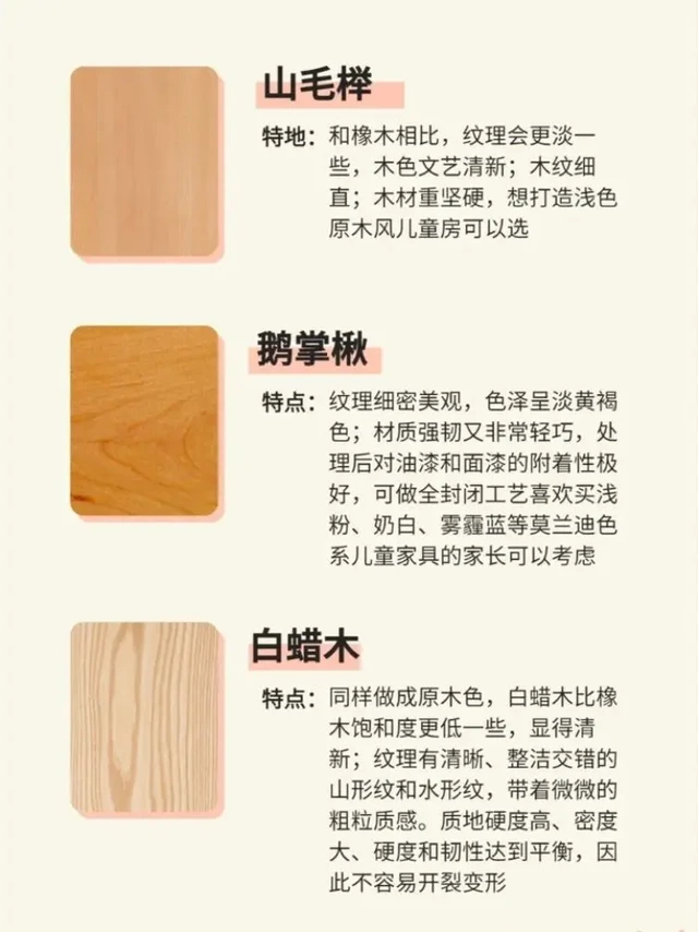 ✨先搞懂这几种木材 再选儿童家具
💫儿童房家具为什么建议父母们选择实木呢
❗因为安全环保又经济实用➡  
🧩市面实木材质种类繁多
🧩常见的儿童房家具木材如下： 
黑胡桃、樱桃木、白蜡木、白橡木、红橡木