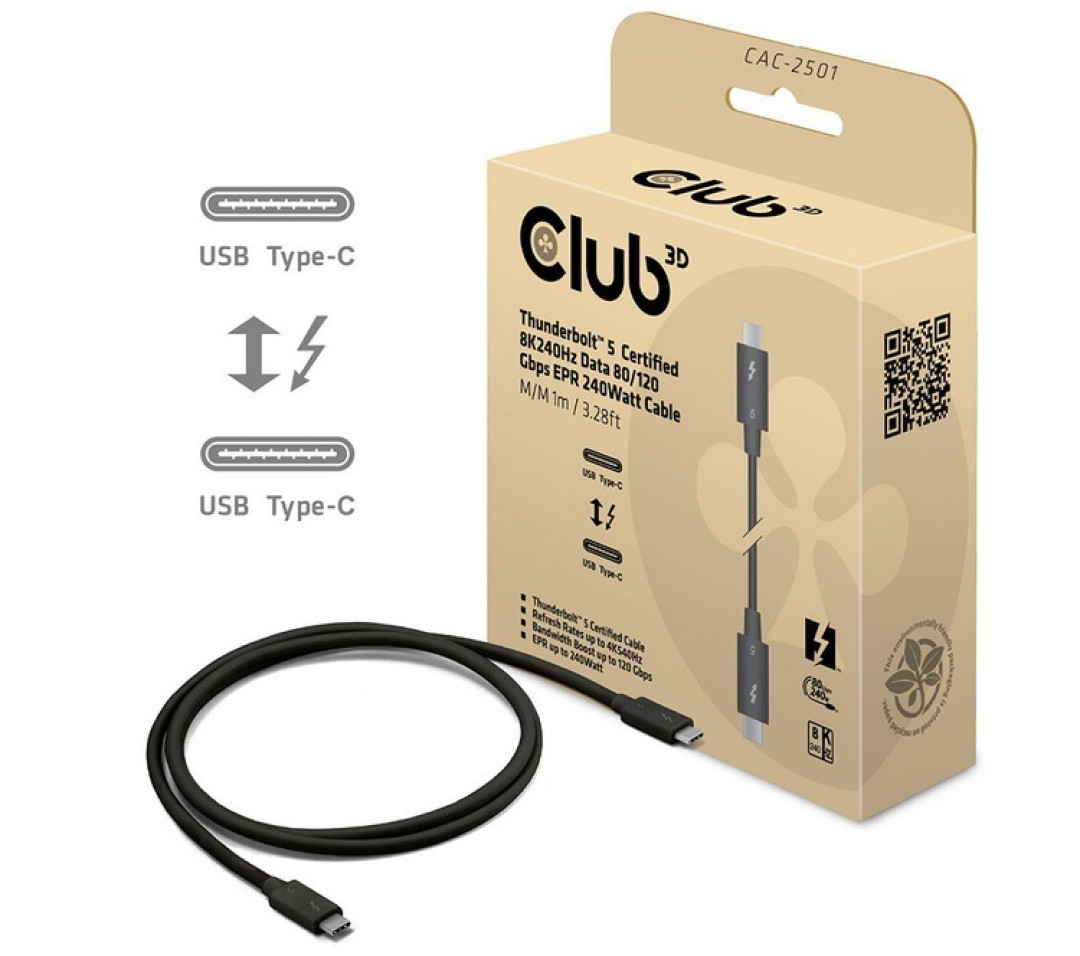 Club3D 发布 CAC-2501 雷电5 数据线,240W PD快充、支持8K@240Hz