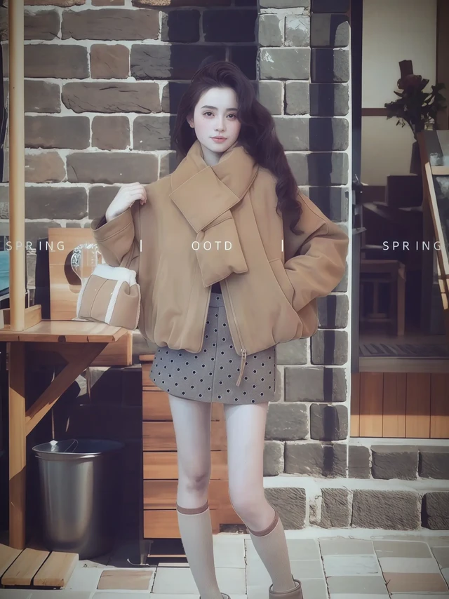 冬季美式复古穿搭Look.短款棉服夹克外套，保暖又时髦，一秒拥有肯豆同款加州辣妹气场。修身的版型搭配经典的黑色围脖，轻松营造出浓郁的复古氛围。下身的波点半身裙则是点睛之笔，灵动的波点元素俏皮可爱，摇曳