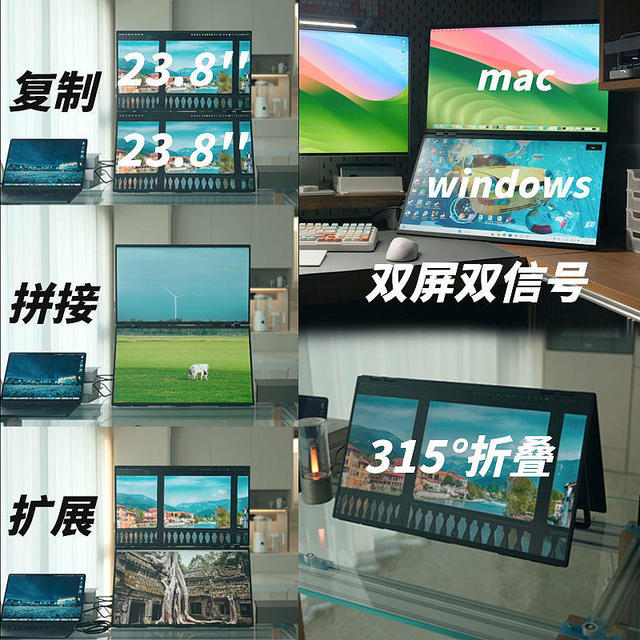 23.8寸双折叠显示器，节省50%空间，mac和Windows同时显示