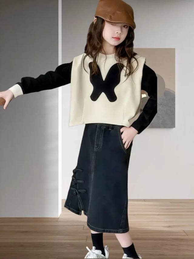 软萌少女的春日限定，假两件牛仔半身裙套装登场！俏皮的短上衣+灵动的牛仔半身裙，层次感满分，软妹氛围感直接拉满，轻松拿捏春日时尚密码，小宝贝穿上秒变街头最靓的崽！
 
每个女孩的衣橱里都该有这么一套假两
