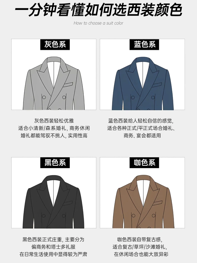 不知道西装颜色怎么选不妨看看这些！。西装的颜色、版型以及面料的质感
上身呈现出来的感觉大不相同
这一篇根据颜色选择西装的笔记
各种场合都可以适配，建议收藏 
灰色系
轻松优雅，适合小清新/森系婚礼，商