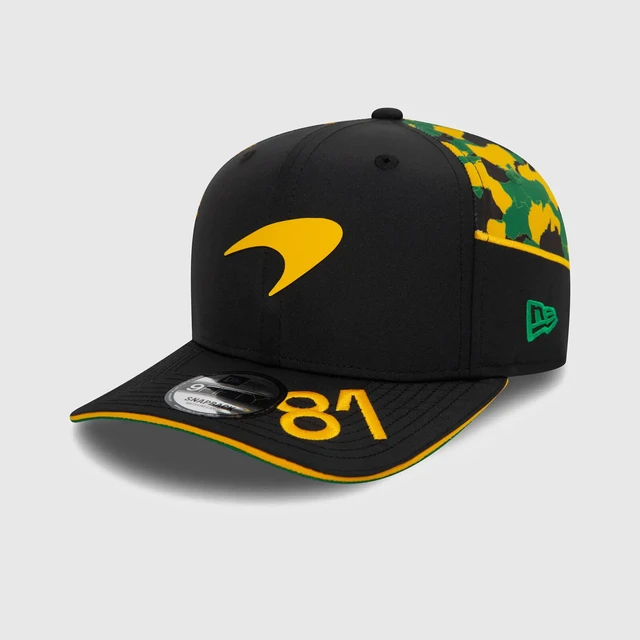 迈凯伦F1车队棒球帽鸭舌帽子皮亚斯特里。New Era 9FIFTY车手帽2024F1澳大利亚站皮亚斯特里
帽子正面印有迈凯伦车队标志；
帽檐左侧印有Oscar Piastri车号“81”；
侧面和后