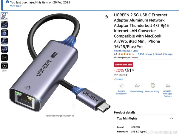 [3/3] 亚马逊上澳洲站上的 USB 3.0 转 2.5G 以太网适配器（UGREEN 就是传说中的 “绿联” 吧？）才卖 32 澳元一个。我最近有了 2.5G 以太网交换机以后打算把我所有的笔记本