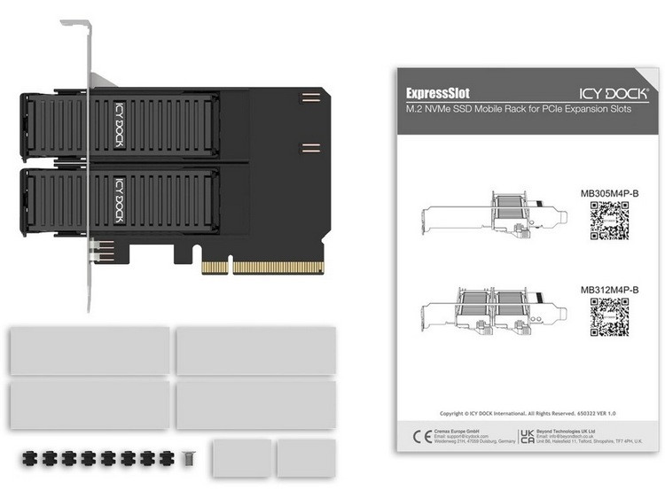 双盘位、快拆设计：ICY DOCK 发布 ExpressSlot Core MB312M4P-B 转接卡