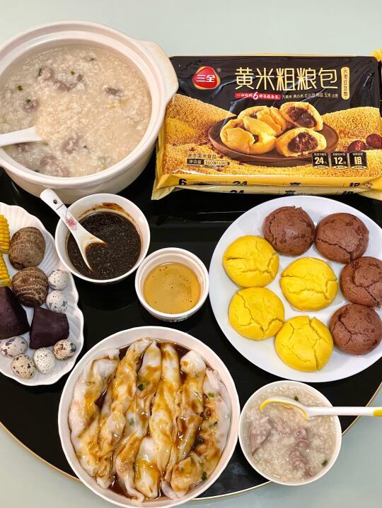 广东人的早餐｜三全粗粮包+猪杂粥+肠粉+🍠