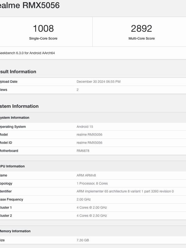 RMX5056 手机跑分曝光：天玑 7300 芯片，预计为 realme 真我 14 Pro