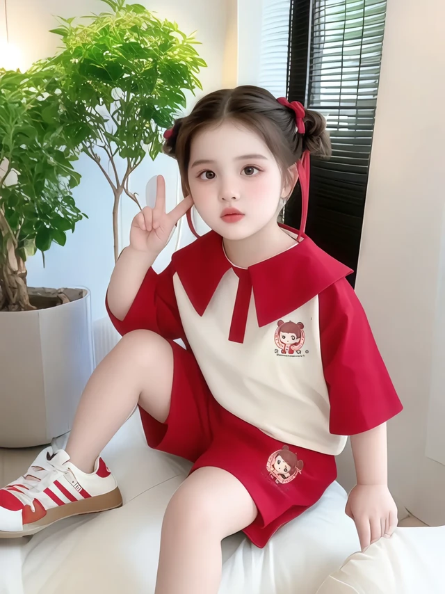 女儿穿成小哪吒，出街被追问800次。跟风给女儿买的哪吒风童装套装，萌化我了！ 
经典红白配色，满满的国潮气息。娃娃领上衣俏皮可爱，刺绣精致，背后大幅哪吒图案超吸睛。搭配同色系短裤，孩子跑跑跳跳超自在。