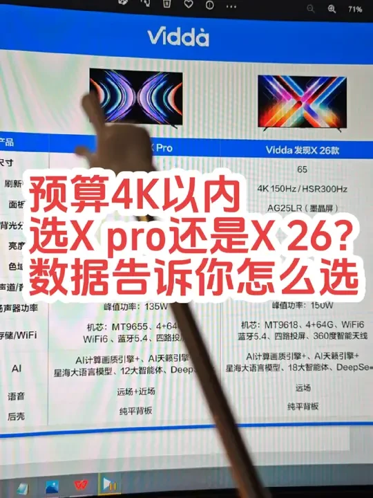 预算4K以内，
选老款Vidda 发现X pro
还是等新款Vddia 发现X26款？
4000预算怎么选Vidda电视？
数据告诉你该怎么选！
 #vidda电视 #发现X26
#发现Xpro #海