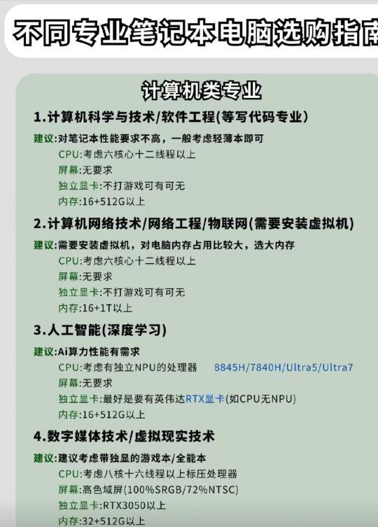 🌟【不同专业笔记本电脑选购指南|学生党必
1️⃣ 计算机/软件工程
- 需求:高性能CPU+大内存,编程/算法/虚拟机流畅运行
- 推荐:
- MacBook Pro(M3芯片):续航20小时+生态闭