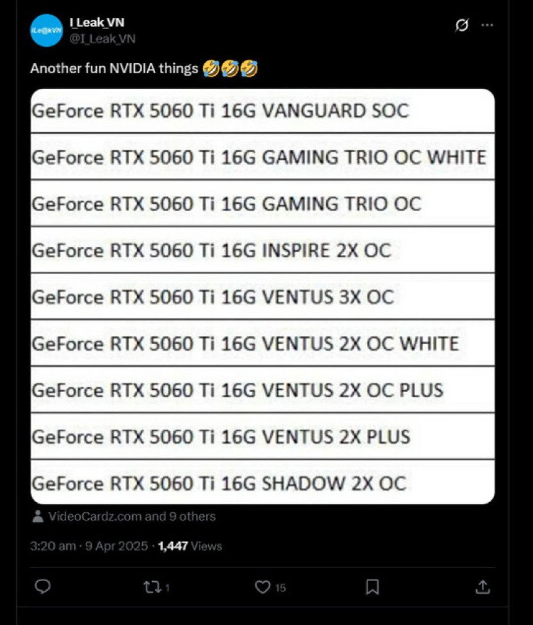 网传丨微星将发布 RTX 5060 Ti VANGUARD、GAMING、VENTUS 系列显卡