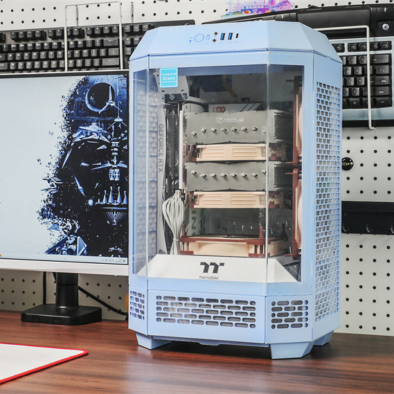 立式ITX—9950X3D+TT Tower 250绣球花蓝色机箱+七彩虹B850i装机