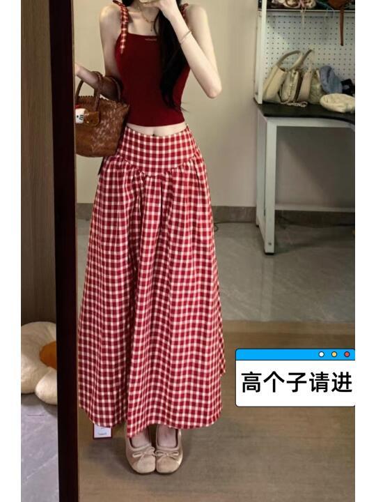 很火的大摆红色格子裙高个子加长也有的