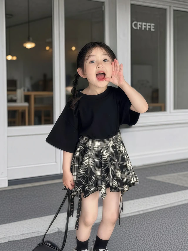 被女儿的甜酷穿搭狠狠拿捏了🖤。小惜亦这套夏装太惊艳啦！韩版甜酷风格，黑色T恤简约又个性，背后的小翅膀设计超有巧思 。搭配上黑白格纹半身裙，格子元素经典又时髦，裙子上的带子增添了酷感。
面料亲肤透气，夏