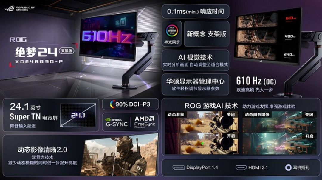 华硕发布 ROG“绝梦”24支架版显示器,610Hz 超高刷、液压支臂、ELMB 2.0 抗运动模糊