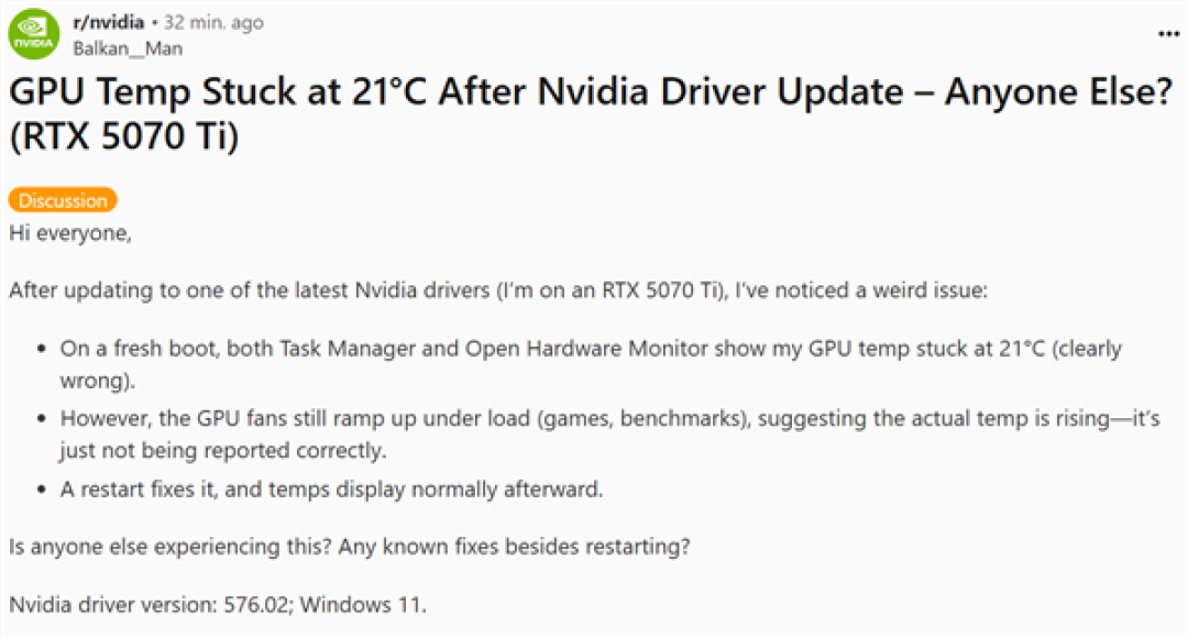 NVIDIA 576.02驱动一堆新Bug 显卡温度异常:官方紧急修复