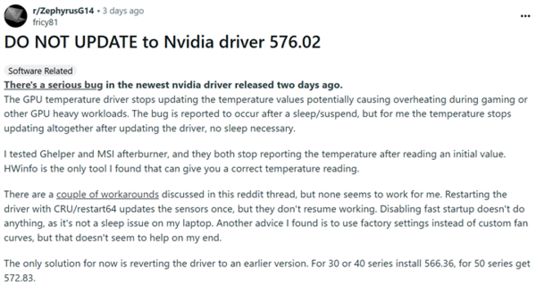 NVIDIA 576.02驱动一堆新Bug 显卡温度异常:官方紧急修复