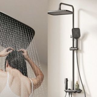 悍高四功能钢琴键花洒，超大增压顶喷、三功能手持花洒、隐藏式下出水、超大置物平台