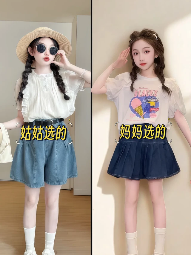 家人们！被问爆的迪士尼在逃公主套装来啦！🍦【甜度爆表CP组合】
☁️云朵泡泡袖T恤
奶fufu的白色像刚出炉的棉花糖～
蓬蓬袖一穿秒变迪士尼在逃公主👑
彩色冰淇淋印花超吸睛
仿佛抬手就能闻到草莓味的夏