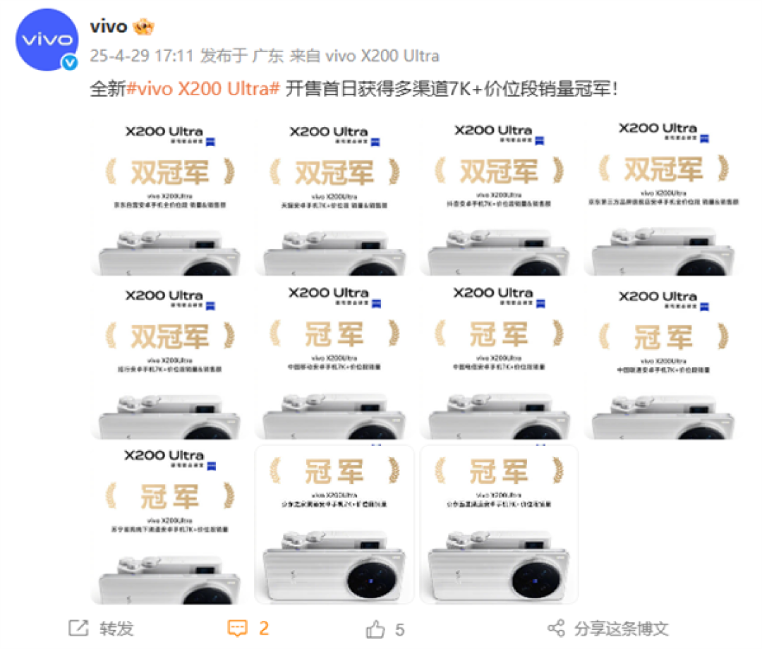 机圈V单!vivo X200 Ultra首销获京东、天猫等渠道7K+价位段销量冠军