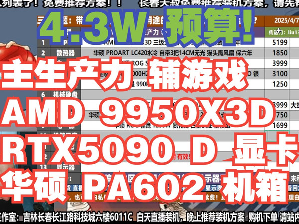 电脑配置推荐,4.3W预算,要求 主生产力 辅游戏,AMD 9950X3D+RTX5090D显卡+华硕PA602设计师机箱,装机方案讲解!