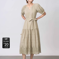 夏日的一抹清新：sdeer旗舰店浅青绿V领抽绳收腰短袖连衣长裙