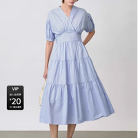 sdeer 旗舰店圣迪奥 度假风 V 领蓝白条纹吊带两件套连衣裙