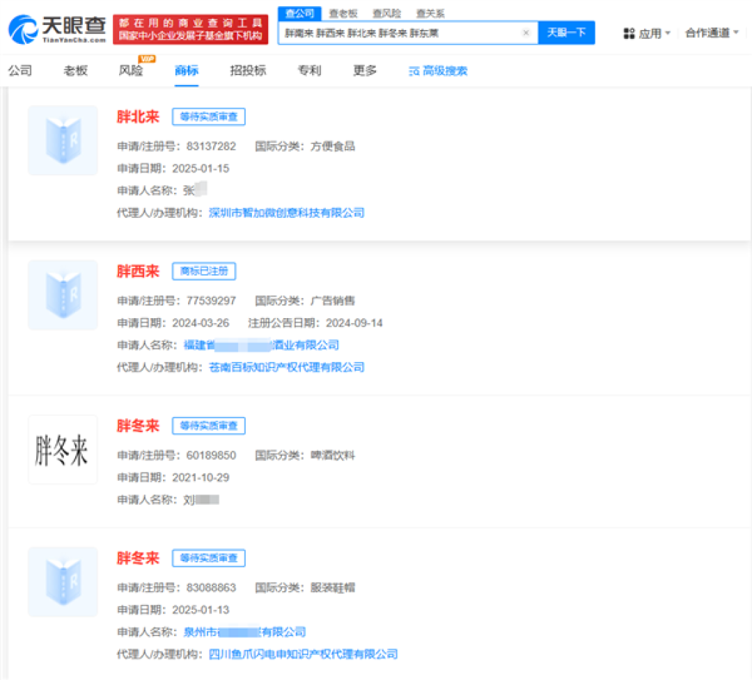 胖都来还不够!“胖南来、胖西来、胖北来、胖东莱”商标都已被抢注